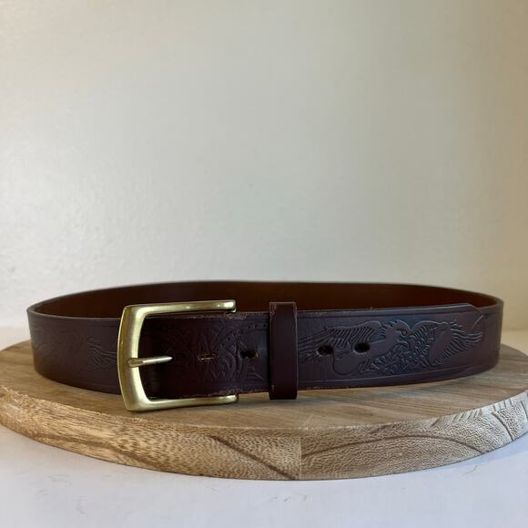 Wrangler Brown Genuine Leather Eagle Tooled Western Belt Unisex Size Large - Picture 11 of 11